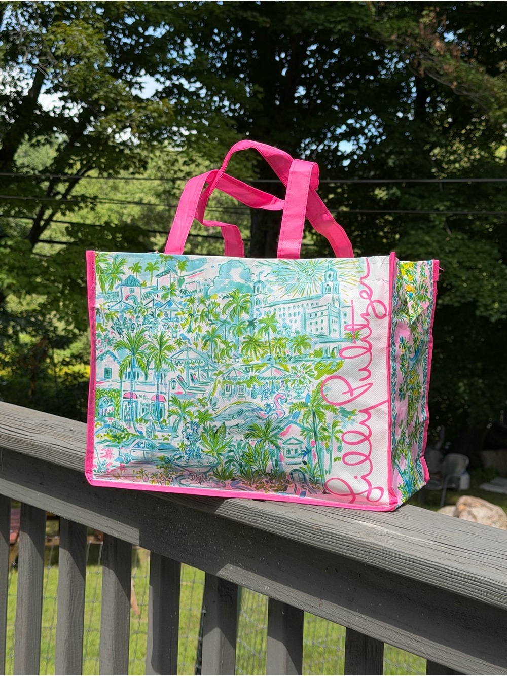 Lilly Pulitzer Pink Trim Tropical Print Reusable Shopping Tote bag